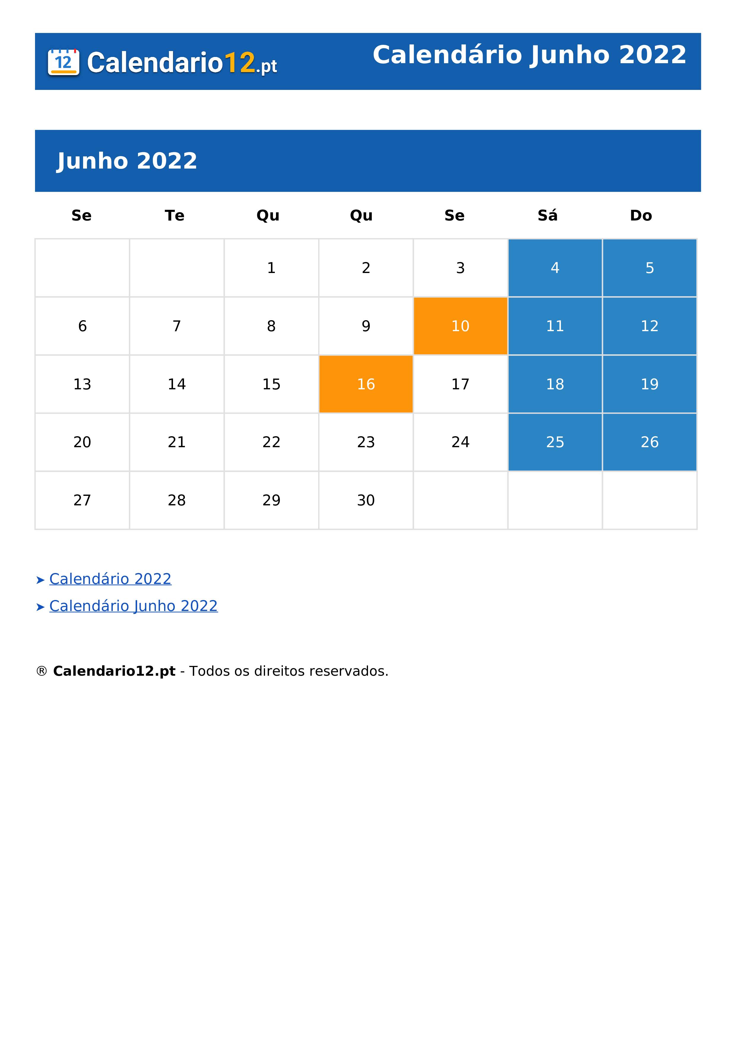 Calendário Junho 2022
