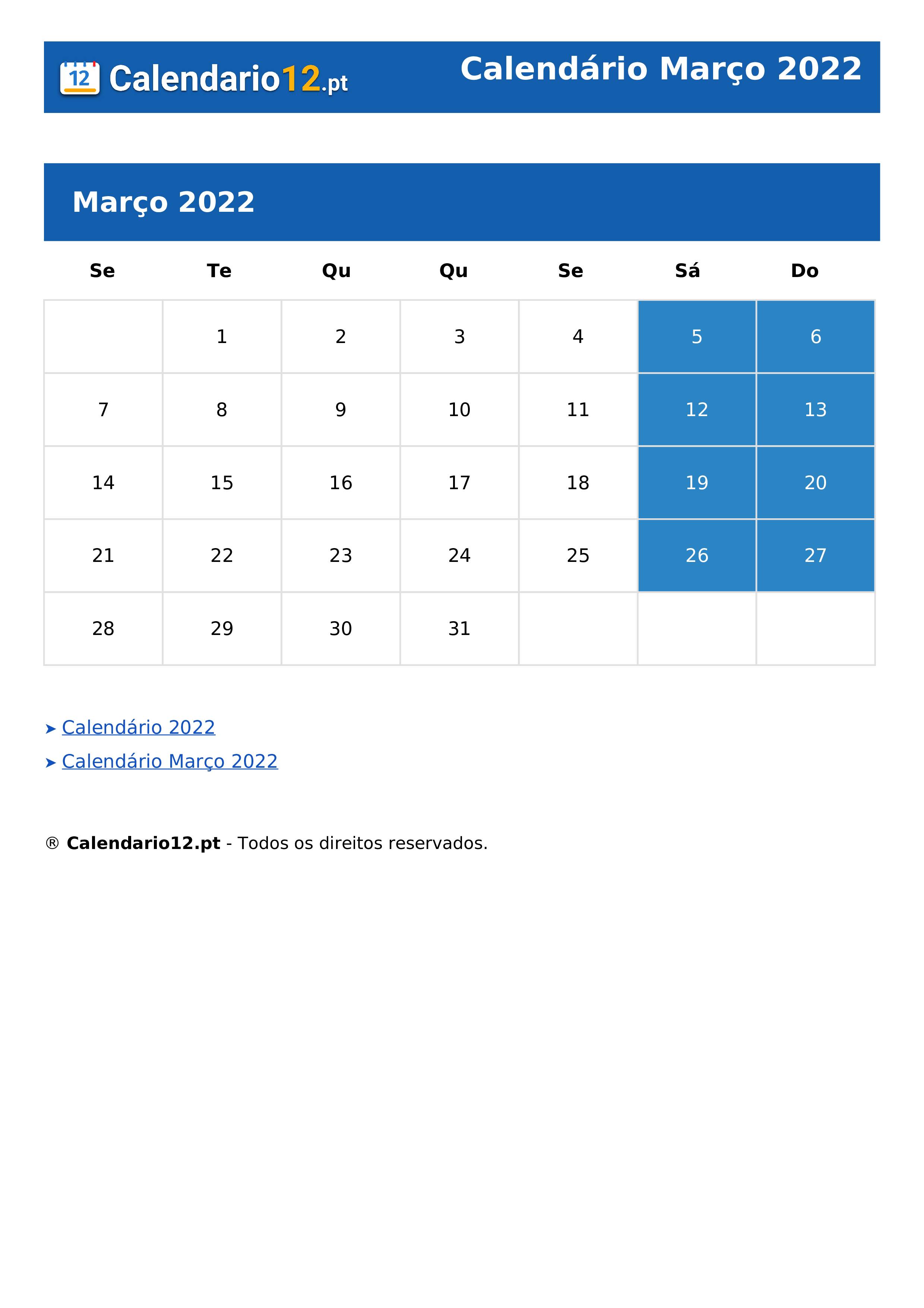 Calendário Março 2022