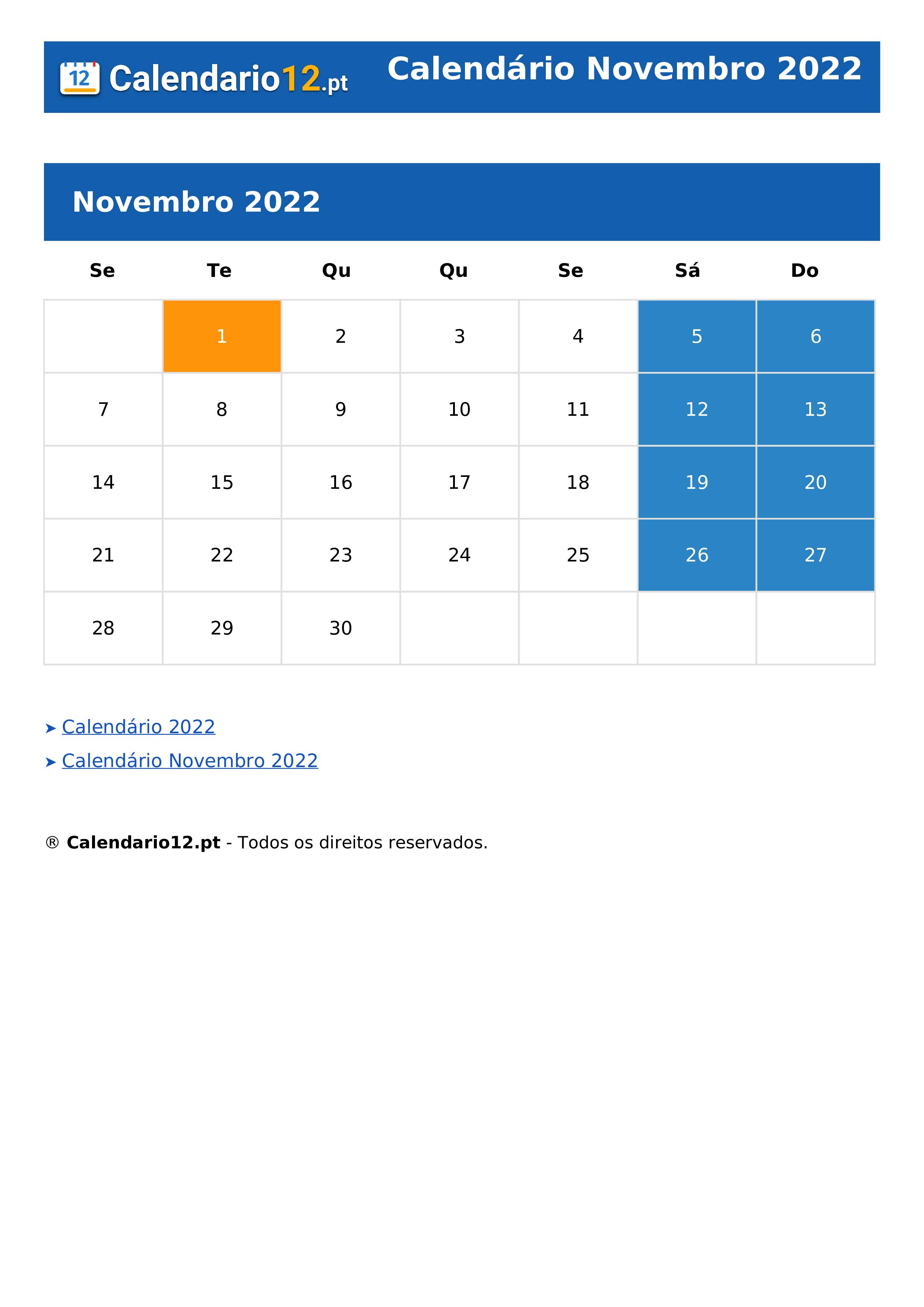Calendário Novembro 2022